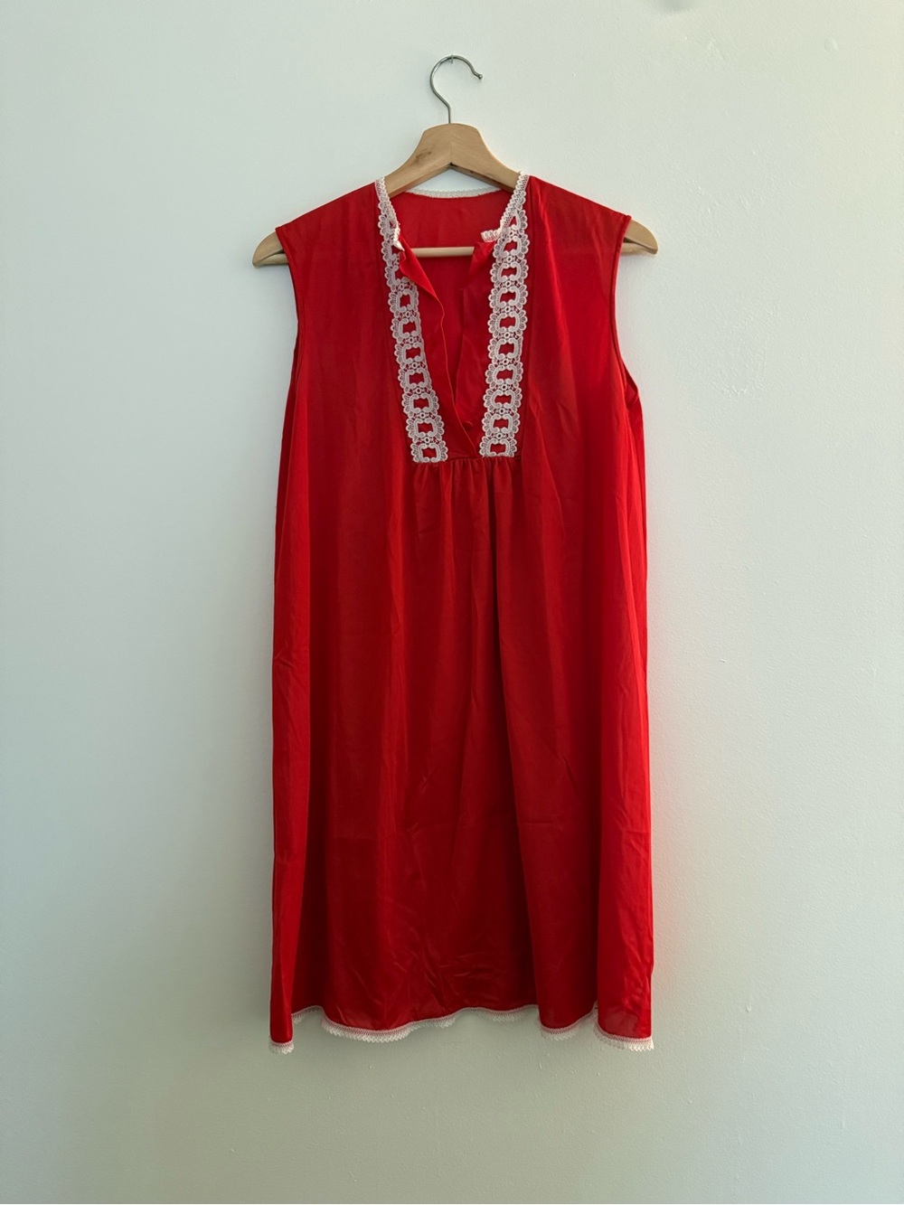 Vintage Red Sleeveless Nightgown with White Lace Trim